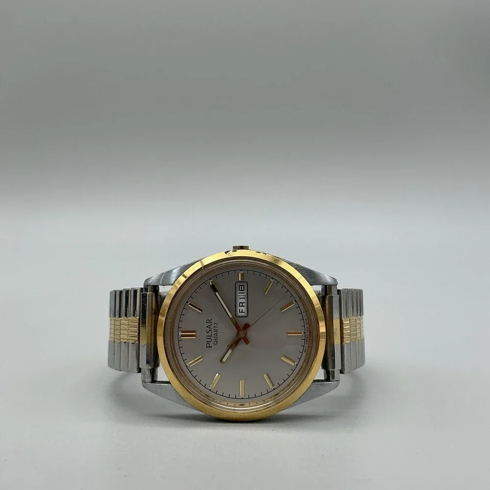Vintage Pulsar Mens Watch 35mm V-533-8A50 Day Date Two Tone Stretch New Battery